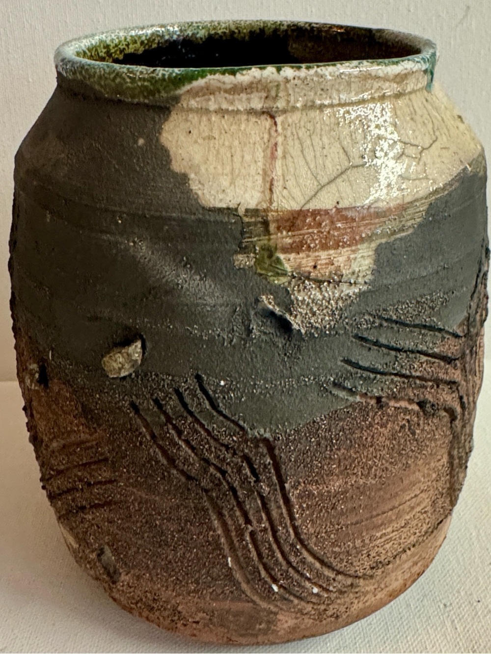 Raku Vintage Signed Handcrafted Rustic Black and Brown Pottery Vase.OOAK